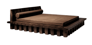 A minimalist daybed featuring a dark-stained solid wood frame with a distinctive slatted or grooved platform base. It includes an integrated vertical backrest panel on one side, accompanied by a long, cylindrical bolster pillow in a light brown fabric. The sleeping surface is covered by a low-profile brown mattress or cushion, sitting directly on the robust wooden platform. — 3D model