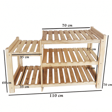 A multi-level, light wood shoe rack featuring slatted shelves and a stepped design, suitable for organizing footwear. — 3D model