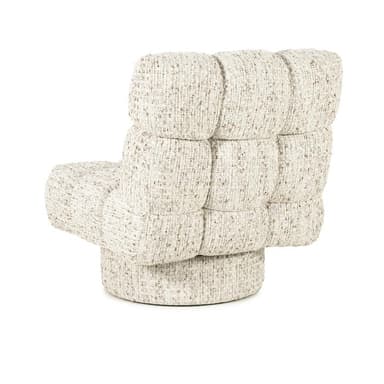 A cream-colored armchair with a plush, channel-tufted design. The chair features a low back and a wide, inviting seat. It is upholstered in a textured fabric with flecks of brown and grey. The base is a circular, swivel pedestal, also upholstered in the same fabric, providing stability and rotation. — 3D model