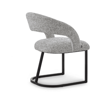 A modern accent chair with a curved silhouette. The seat and back are upholstered in a textured fabric with a speckled grey and white pattern. The base consists of a sled-style frame made of dark metal, featuring a curved front support. — 3D model