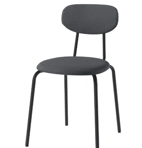 A modern dining chair featuring a dark grey upholstered seat and a matching rounded backrest. The chair is supported by a minimalist tubular black metal frame with four slender legs. — 3D model