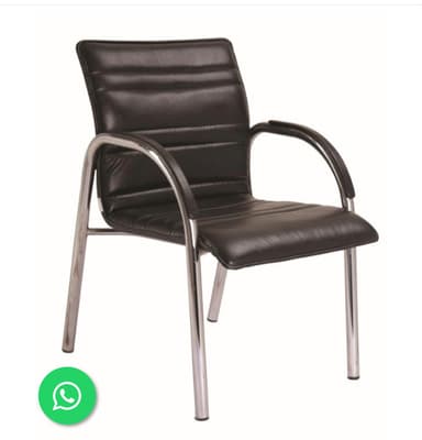 A modern fixed-base chair featuring a padded black upholstered seat and backrest, accented with horizontal channel stitching. The frame consists of polished chrome-plated tubular steel, forming the legs and supporting the armrests, which are topped with black padded caps. — 3D model