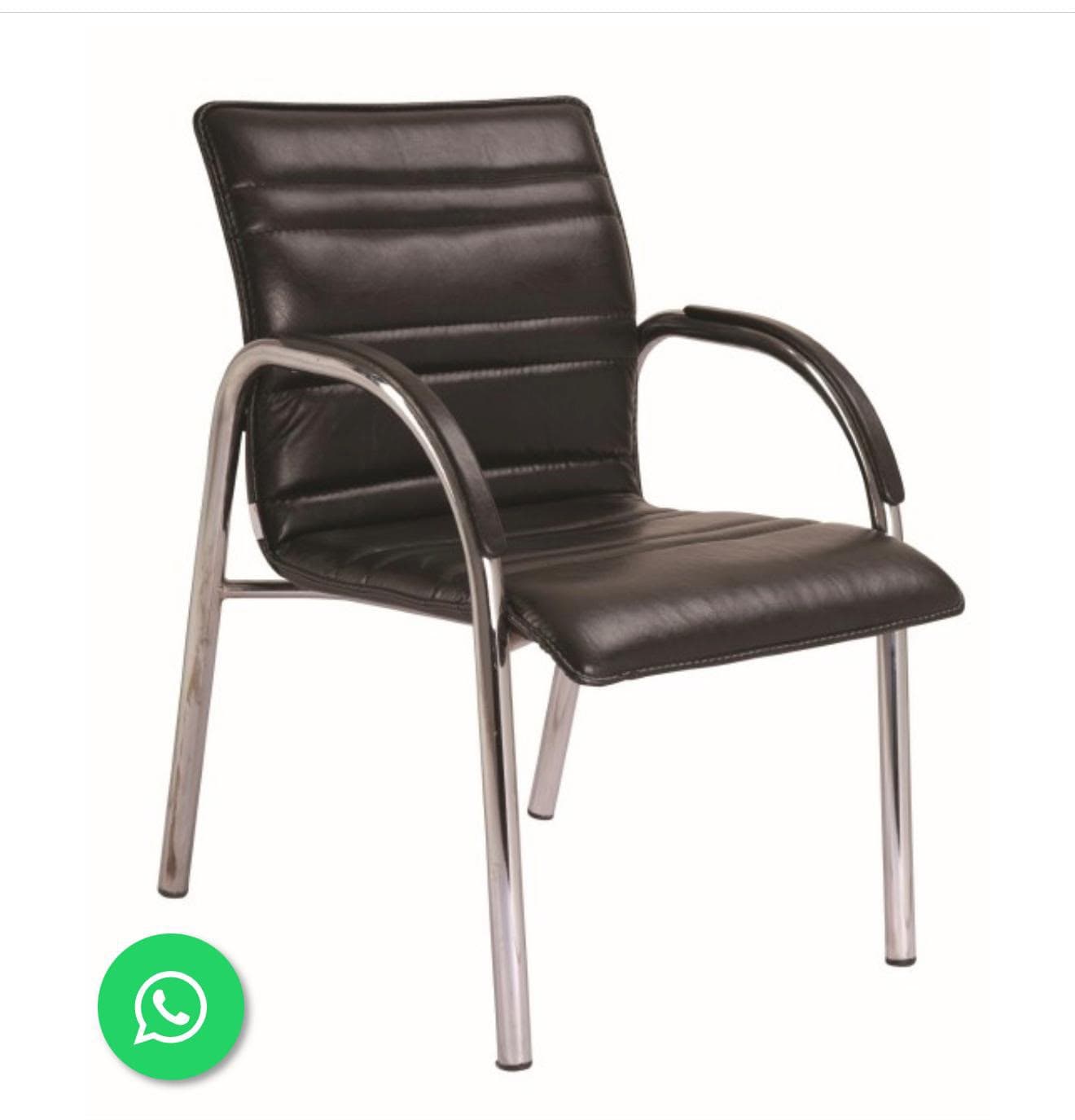 A modern fixed-base chair featuring a padded black upholstered seat and backrest, accented with horizontal channel stitching. The frame consists of polished chrome-plated tubular steel, forming the legs and supporting the armrests, which are topped with black padded caps. — 3D model