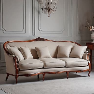 A Louis XVI style sofa featuring an exposed, intricately carved wooden frame with a warm brown finish. The sofa has a slightly curved backrest and elegantly sculpted arms, upholstered in a light beige fabric. It includes three loose seat cushions and five matching loose back cushions. The frame is supported by curved cabriole-style legs, and detailed floral and scroll carvings adorn the top rail and apron. — 3D model
