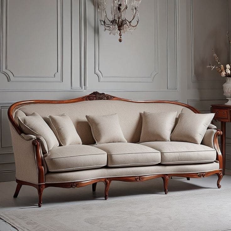 A Louis XVI style sofa featuring an exposed, intricately carved wooden frame with a warm brown finish. The sofa has a slightly curved backrest and elegantly sculpted arms, upholstered in a light beige fabric. It includes three loose seat cushions and five matching loose back cushions. The frame is supported by curved cabriole-style legs, and detailed floral and scroll carvings adorn the top rail and apron. — 3D model