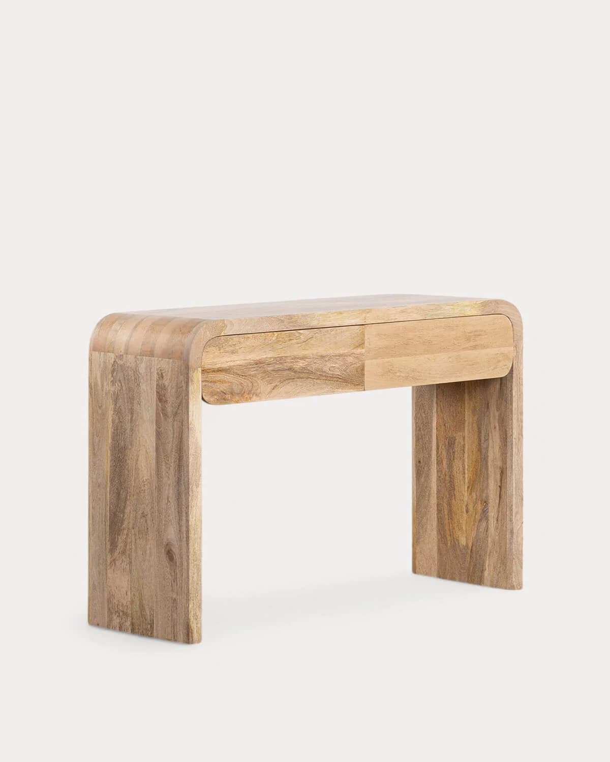 A minimalist console table constructed from solid mango wood, featuring a distinctive waterfall edge design. The tabletop seamlessly curves down to form the two side supports, creating a continuous 'U' shape. The front facade incorporates two integrated, handleless drawers for concealed storage. The wood exhibits a natural, light tone with visible grain patterns. — 3D model