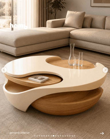 A modern two-tier coffee table featuring a sculptural, organic design with swiveling circular tops. The table consists of two main layers. The lower layer is a bowl-like form made of light-toned wood with visible grain. The upper layer is composed of two crescent-shaped elements in a light cream or beige finish, which appear to swivel over a central circular wooden surface, revealing or concealing the lower tier. The design emphasizes fluid lines and a contrasting material palette. — 3D model