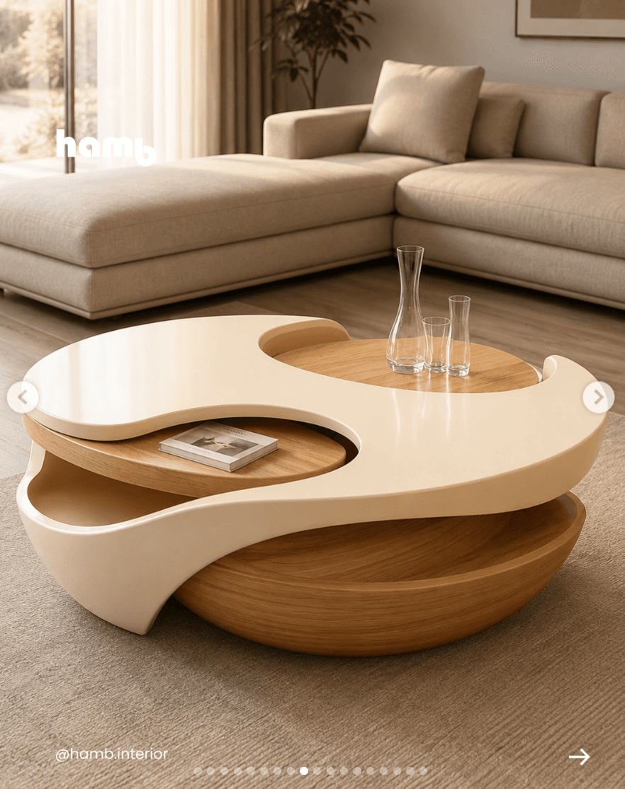 A modern two-tier coffee table featuring a sculptural, organic design with swiveling circular tops. The table consists of two main layers. The lower layer is a bowl-like form made of light-toned wood with visible grain. The upper layer is composed of two crescent-shaped elements in a light cream or beige finish, which appear to swivel over a central circular wooden surface, revealing or concealing the lower tier. The design emphasizes fluid lines and a contrasting material palette. — 3D model