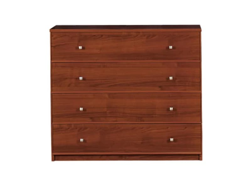 A rectangular chest of drawers featuring four equally sized drawers, each fitted with two square silver-tone pulls. The unit is constructed from wood with a dark reddish-brown finish, displaying a visible grain pattern. It has a flat top and a simple, recessed base. — 3D model