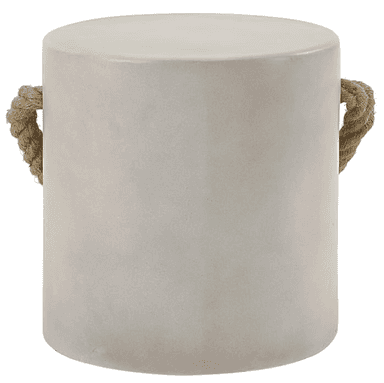 A cylindrical, light gray, concrete or composite stool featuring a thick, braided natural fiber rope handle threaded through two holes near the top edge. — 3D model