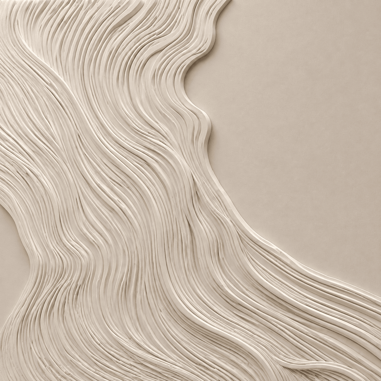 A square panel featuring a three-dimensional relief sculpture with flowing, organic, wave-like lines in a monochromatic off-white or cream color. The lines form a dynamic and tactile pattern across the surface, creating an interplay of light and shadow that emphasizes its sculptural form. — 3D model