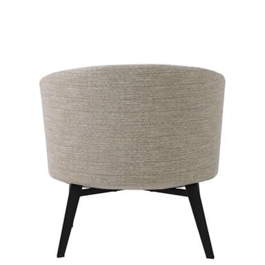 A contemporary armless accent chair with a low-profile design, upholstered in a light beige textured fabric. The chair features a rounded backrest that seamlessly blends into the seat, providing a bucket-like form. It is supported by four dark, tapered wooden legs. — 3D model