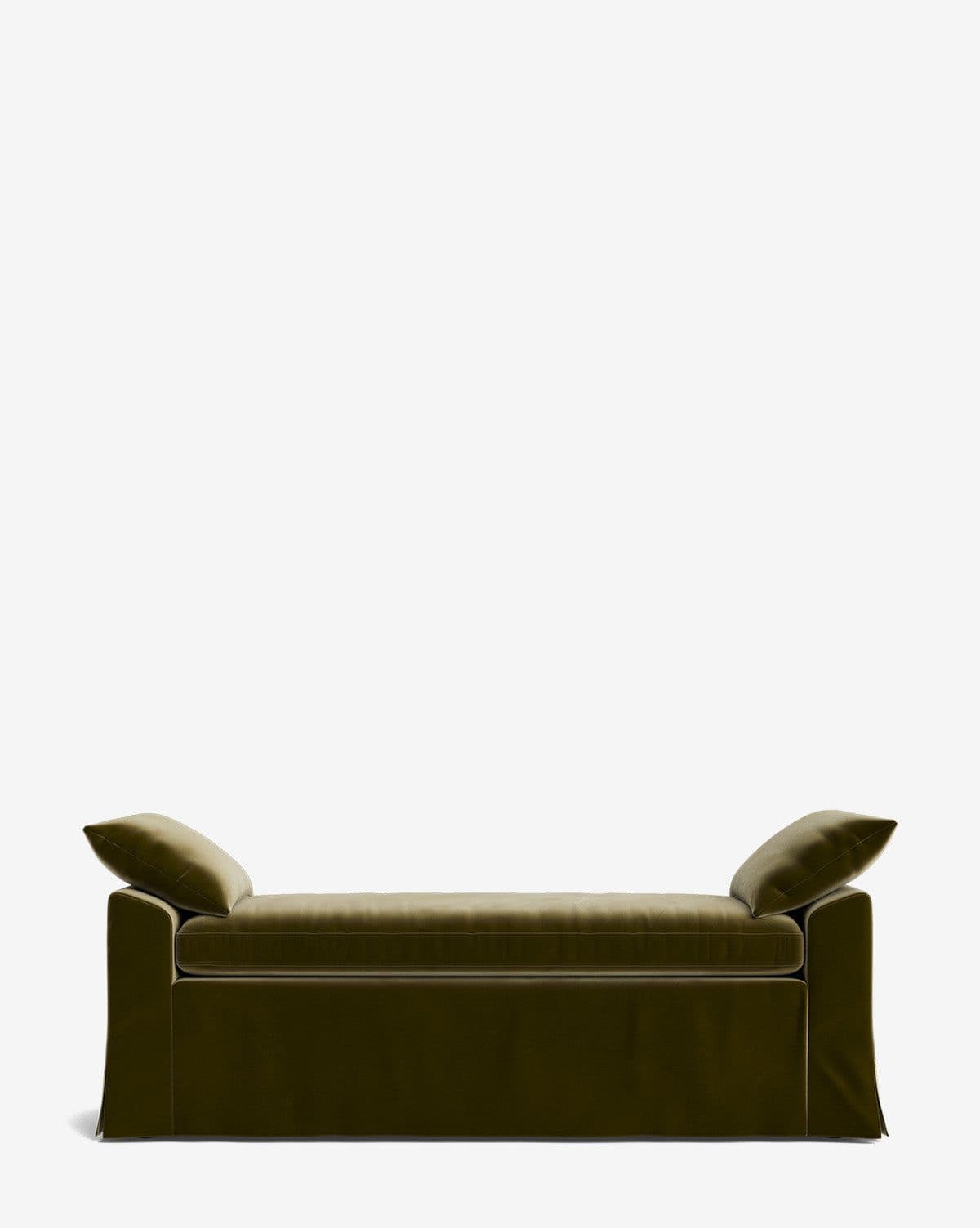 A long, rectangular upholstered daybed with a skirted base, finished in an olive green velvet-like fabric. It features two large, loose cushions positioned at either end, serving as armrests or headrests. The main seat cushion is plush and integrated into the frame. — 3D model