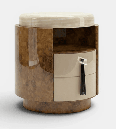 A cylindrical furniture piece featuring a high-gloss burl wood body and a polished, rounded onyx top. — 3D model