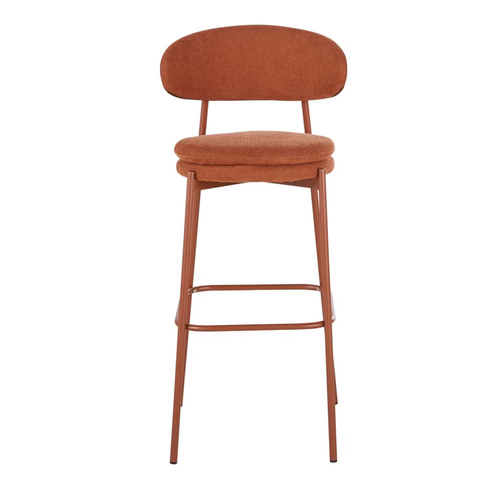 A bar stool with a slightly curved backrest and a padded seat. The frame is constructed from metal tubing, featuring four legs connected by horizontal supports at the lower section. The upholstery appears to be a woven fabric. — 3D model