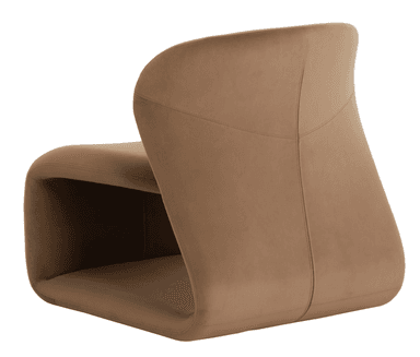 A contemporary, sculptural armless lounge chair, fully upholstered in a camel-colored velvet or velour fabric. The chair features a low-profile, monolithic design with a deeply curved backrest and a continuous, flowing form that integrates the seat and base, creating a distinct, organic silhouette. — 3D model