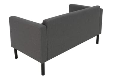 A modern two-seater loveseat upholstered in dark gray fabric, featuring integrated low-profile arms and backrest with rounded edges, supported by four slender black cylindrical legs. — 3D model