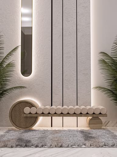 A contemporary daybed featuring a sculptural wooden frame with integrated lighting and a top surface composed of individual cylindrical upholstered cushions. — 3D model