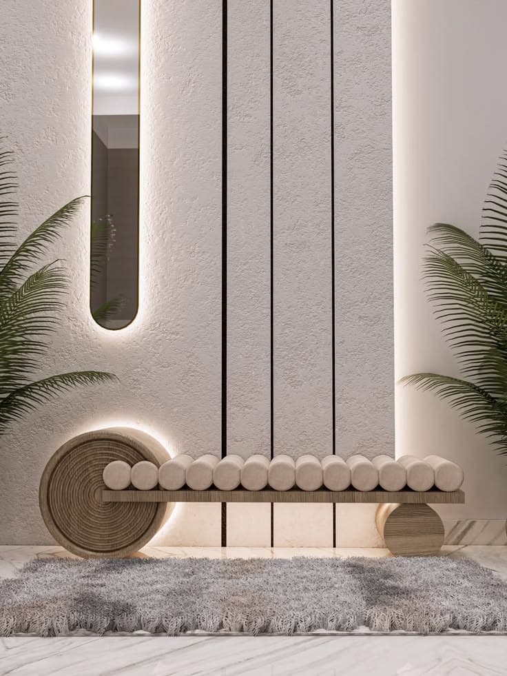 A contemporary daybed featuring a sculptural wooden frame with integrated lighting and a top surface composed of individual cylindrical upholstered cushions. — 3D model