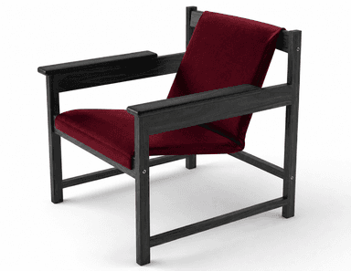 A modern armchair with a dark-stained wooden frame and a deep red upholstered seat and back. The frame features a minimalist design with straight lines and visible joinery details. The upholstery appears to be a soft, textured fabric. — 3D model