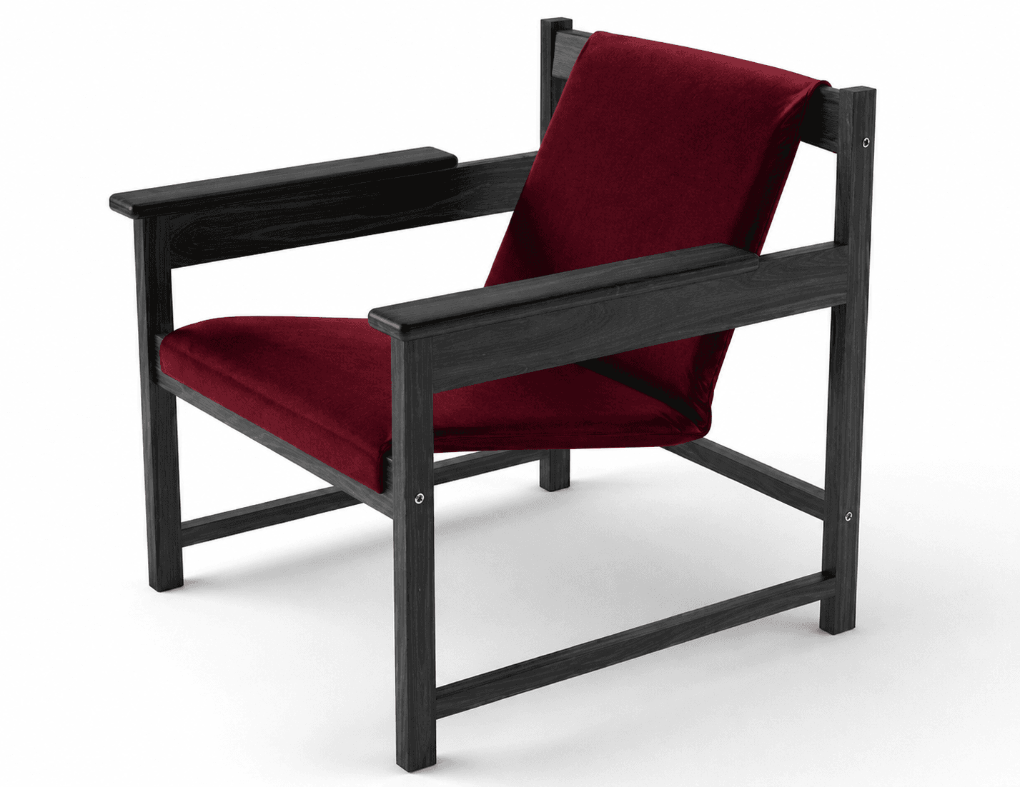 A modern armchair with a dark-stained wooden frame and a deep red upholstered seat and back. The frame features a minimalist design with straight lines and visible joinery details. The upholstery appears to be a soft, textured fabric. — 3D model