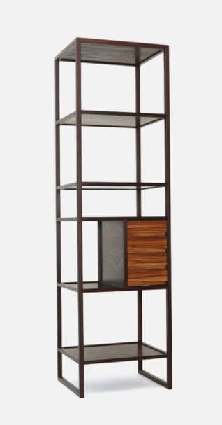 A tall, slender shelving unit featuring five open shelves and an integrated storage cabinet with a distinctive horizontally striped wooden door. The unit's frame and primary shelves are dark-stained wood, creating a strong contrast with the lighter, richly grained cabinet door. — 3D model