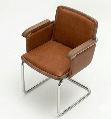 A cantilever armchair featuring a tubular chrome-plated steel frame. The seat, backrest, and armrests are upholstered in brown leather. The armrests also incorporate wooden accents, likely walnut, adding a touch of warmth and contrast to the metal and leather. — 3D model