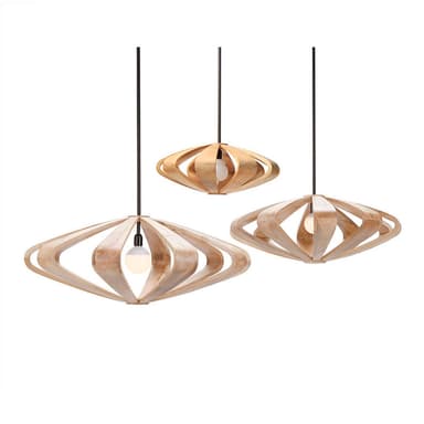 A modern pendant light featuring a shade constructed from curved, light-colored wood strips forming an open, spherical cage around a central light bulb, suspended by a black cord. — 3D model