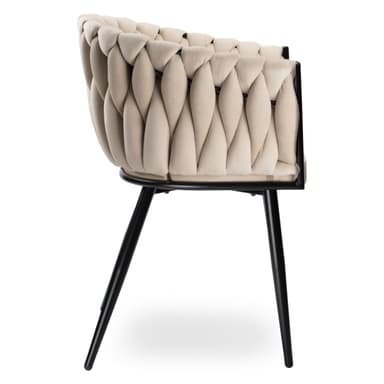 A contemporary armchair featuring a distinctive braided or woven upholstered back and seat in a light beige, velvet-like fabric. The chair is supported by four slim, tapered black metal legs, giving it a modern and elegant silhouette. The backrest curves around to form integrated armrests, and the plush braided design provides both visual texture and apparent comfort. — 3D model