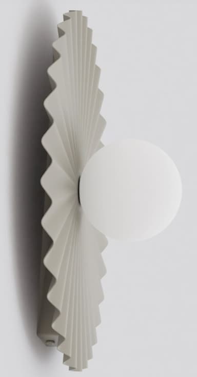 A contemporary wall sconce featuring a circular, pleated or fluted backplate in a greige color, with a central spherical opal glass diffuser providing light. — 3D model