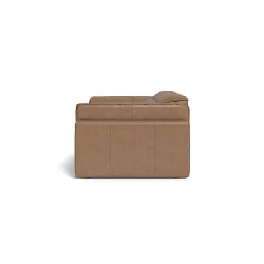A two-seater sofa with a tailored design, featuring plush cushions and a supportive frame. The upholstery appears to be leather and the color is a neutral tan or light brown. The sofa has a contemporary yet classic aesthetic, with clean lines and slightly rounded armrests. It is elevated by short, discreet wooden legs. — 3D model