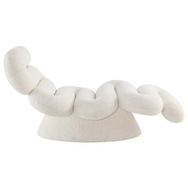 An S-shaped sculptural chaise lounge, fully upholstered in a cream bouclé fabric. The design features continuous, flowing curves, forming an ergonomic shape that supports the body in a reclined position for extended lounging. The entire piece, including the base, is seamless and integrated, presenting a soft, monolithic form with no visible legs. — 3D model
