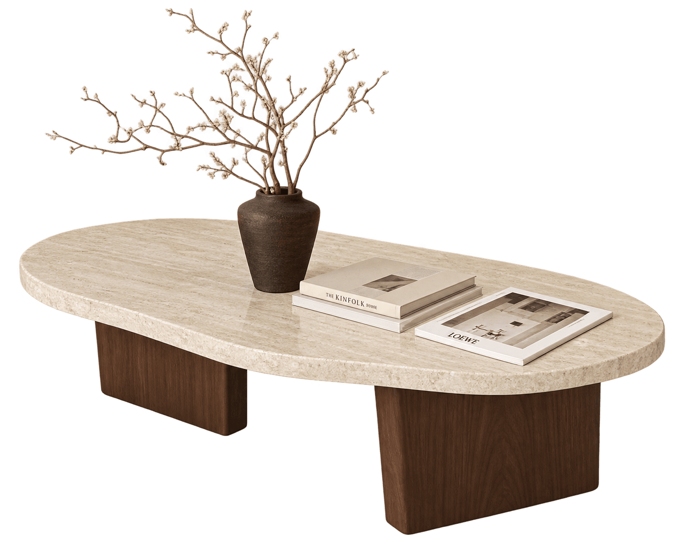 A contemporary low-profile coffee table featuring an oval travertine stone top supported by two distinct, dark wood block bases. — 3D model