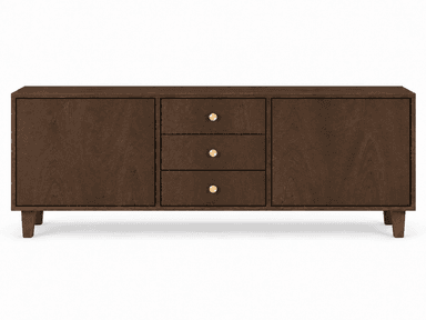 A long, rectangular dark wood sideboard featuring two side cabinets with solid doors and three central drawers. The piece stands on four short, tapered legs and is accented with small, round brass-colored knob pulls on the drawers. — 3D model