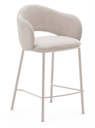 A contemporary bar stool featuring a fully upholstered seat and a curved backrest that subtly forms integrated armrests. The upholstery is a light beige, textured fabric. It is supported by four slender, straight metal legs that match the light color, and includes a circular metal footrest. — 3D model