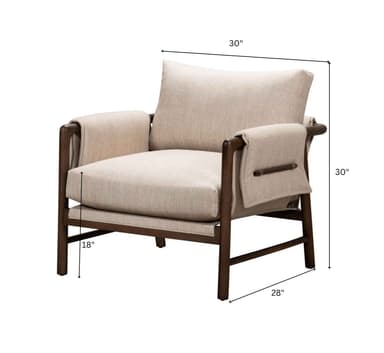 A modern lounge armchair featuring a visible dark wood frame and plush light beige fabric upholstery. The design emphasizes comfort and a minimalist aesthetic, with wide armrests where the fabric wraps over the wooden frame and is secured by a distinctive wooden dowel on the outer side. It includes separate, generously padded seat and back cushions. — 3D model