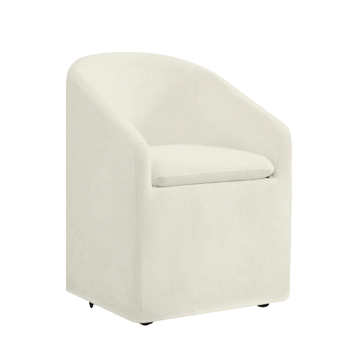 A contemporary upholstered barrel armchair featuring a cohesive, monolithic form. The chair has a rounded back and integrated arms that flow seamlessly into the seat. It is upholstered in a textured, off-white or cream fabric and includes a separate, removable seat cushion. The base is fully concealed by the upholstery, suggesting a swivel mechanism. — 3D model