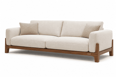 A contemporary two-seater sofa featuring light beige fabric upholstery and a prominent exposed dark wood frame. The sofa includes two back cushions, two seat cushions, and two smaller throw pillows. The design is minimalist with clean lines and padded armrests. — 3D model