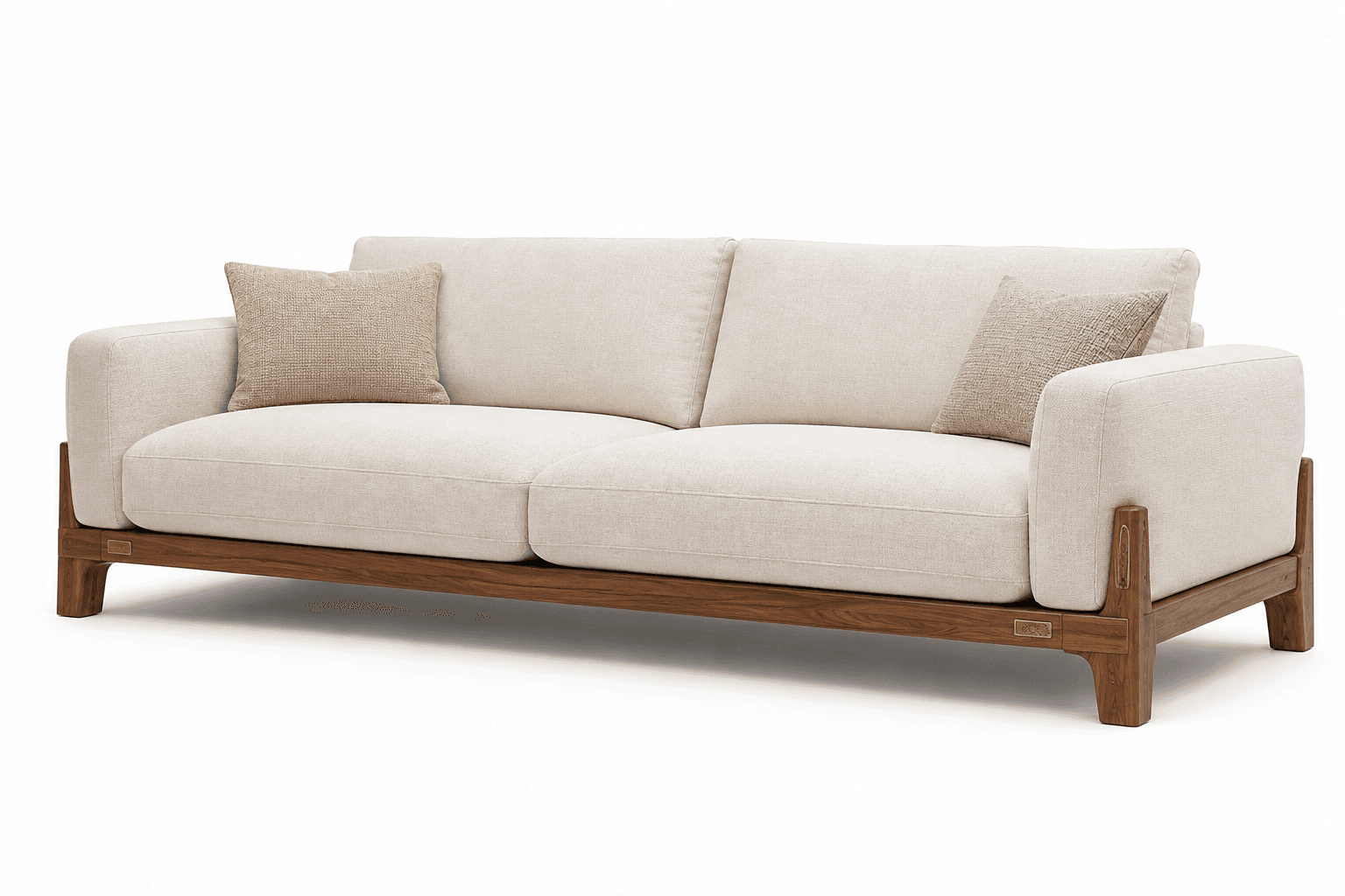 A contemporary two-seater sofa featuring light beige fabric upholstery and a prominent exposed dark wood frame. The sofa includes two back cushions, two seat cushions, and two smaller throw pillows. The design is minimalist with clean lines and padded armrests. — 3D model