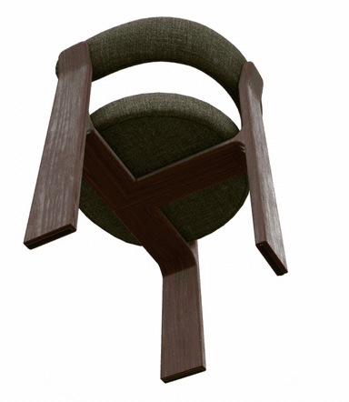 A modern upholstered chair with a distinctive dark wood frame and a circular seat and curved backrest in dark green fabric, viewed from below. — 3D model