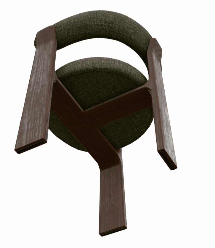 A modern upholstered chair with a distinctive dark wood frame and a circular seat and curved backrest in dark green fabric, viewed from below. — 3D model