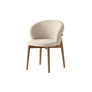 Two modern upholstered chairs with curved backs and wooden frames. The chairs feature a light-colored, textured fabric upholstery for the seat and backrest, and a dark-stained wooden structure for the legs and curved back support element. — 3D model