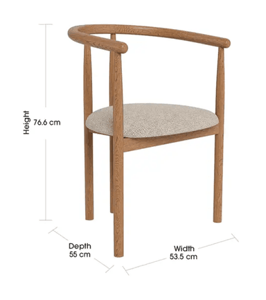 A wooden armchair with a curved backrest that extends into armrests. The seat is upholstered in a textured fabric. The chair has four legs and a minimalist design. — 3D model