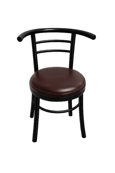 A contemporary dining chair featuring a matte black metal frame and a round, cushioned brown upholstered seat. The backrest is curved with a rounded top rail and two horizontal metal slats providing support. The legs are slender, tapering slightly towards the bottom, and are also made of black metal. — 3D model