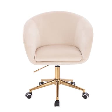 A cream-colored velvet desk chair with a curved backrest and armrests. It features a gold-tone metal base with five legs, each equipped with a caster wheel for mobility. The chair has a central gas lift mechanism for height adjustment. — 3D model