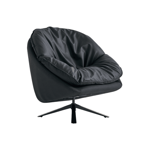 A contemporary lounge chair featuring a deep, shell-like form with a two-tone black upholstery. The exterior shell appears to be a textured fabric, while the interior cushioning is plush, soft, and has a wrinkled, matte finish, possibly leather or faux leather. The chair is supported by a sleek, black, four-star swivel base. — 3D model