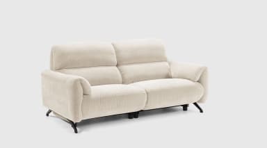 A two-seater sofa viewed from the back. The sofa has a textured, light-colored fabric upholstery. It features slightly curved armrests and a dual-cushion backrest. The sofa is supported by a dark-colored metal frame and legs. — 3D model