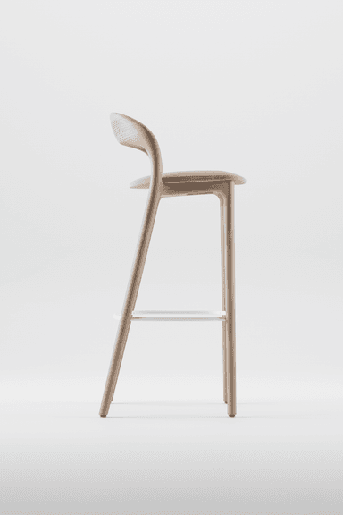 A modern bar stool crafted from dark brown wood, featuring a gently curved backrest and a round seat. It stands on four slender, splayed legs, connected by a circular black metal footrest ring. — 3D model