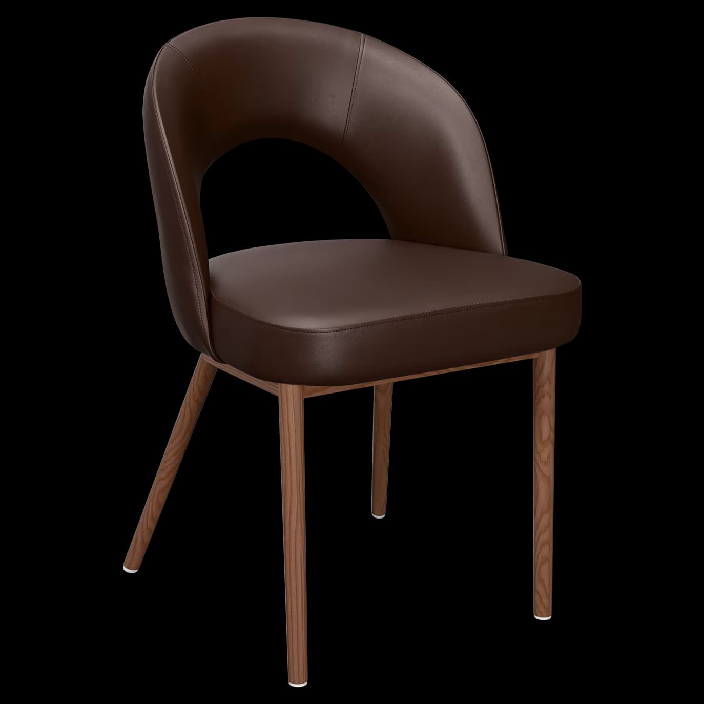 A modern dining chair with a curved, open-backrest upholstered in brown leather. The seat is also upholstered, matching the backrest. The chair is supported by four tapered wooden legs with a natural finish, each capped with a white foot. — 3D model