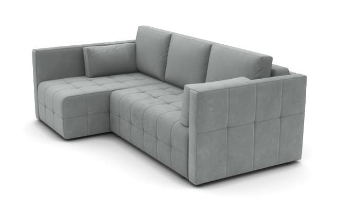 An L-shaped sectional sofa upholstered in a light grey fabric, featuring a tufted design on its seat base, back, and wide square armrests. The sofa includes loose back cushions and has a modern, minimalist aesthetic. It appears to be a digital rendering. — 3D model